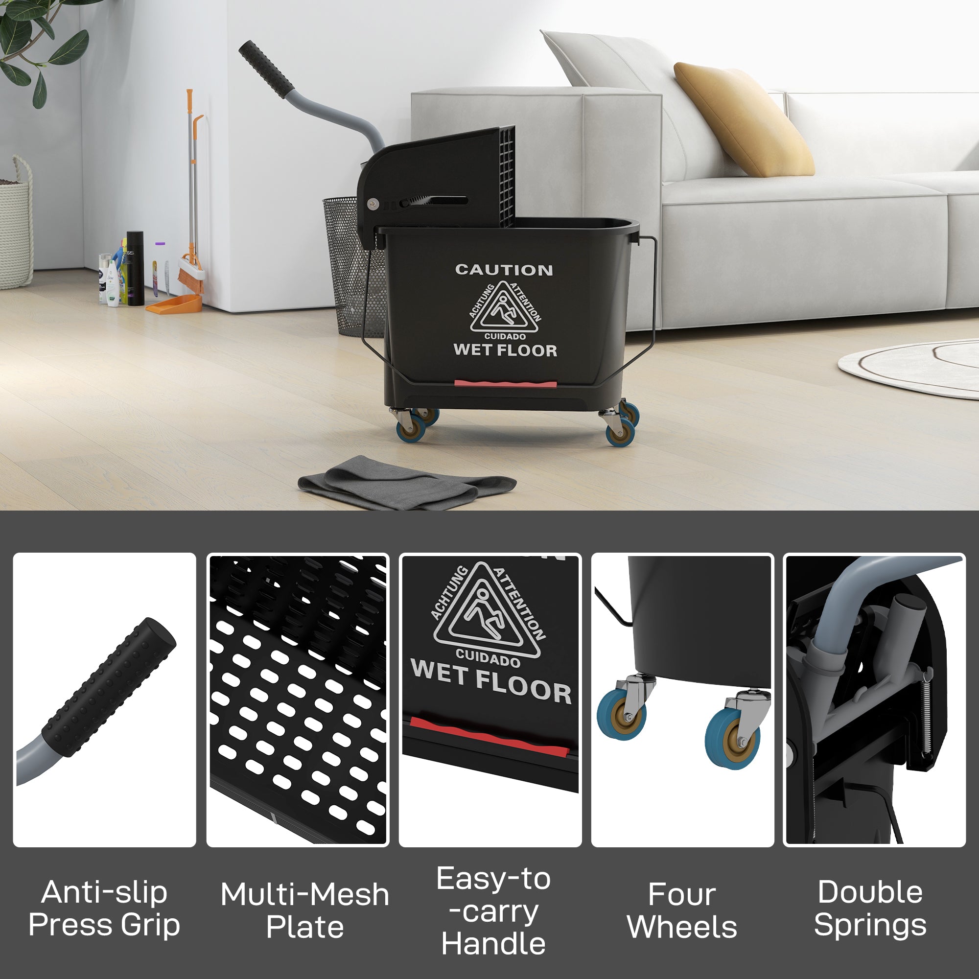 HOMCOM 20L Compact Mop Bucket on Wheels, with Water Separation Panel - Black